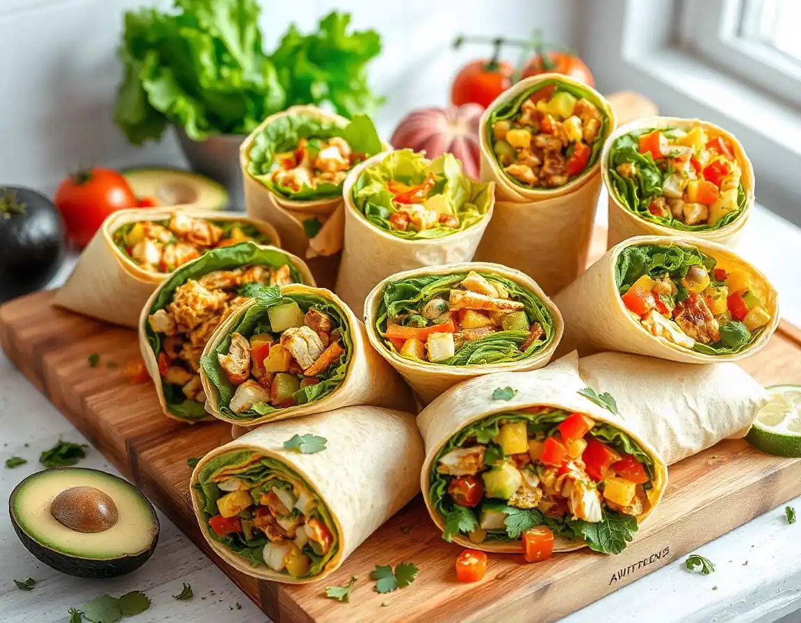 An assortment of colorful and delicious creative wraps displayed on a wooden cutting board. The wraps feature various fillings, such as grilled chicken, fresh vegetables, and vibrant sauces, all wrapped in different types of tortillas like whole wheat, spinach, and flour. The scene is set in a bright, inviting kitchen with fresh ingredients like lettuce, tomatoes, and avocados scattered around. The wraps are garnished with herbs, and a few are sliced in half to showcase the vibrant fillings inside. Natural light highlights the textures and colors of the wraps, creating an appetizing and appealing presentation